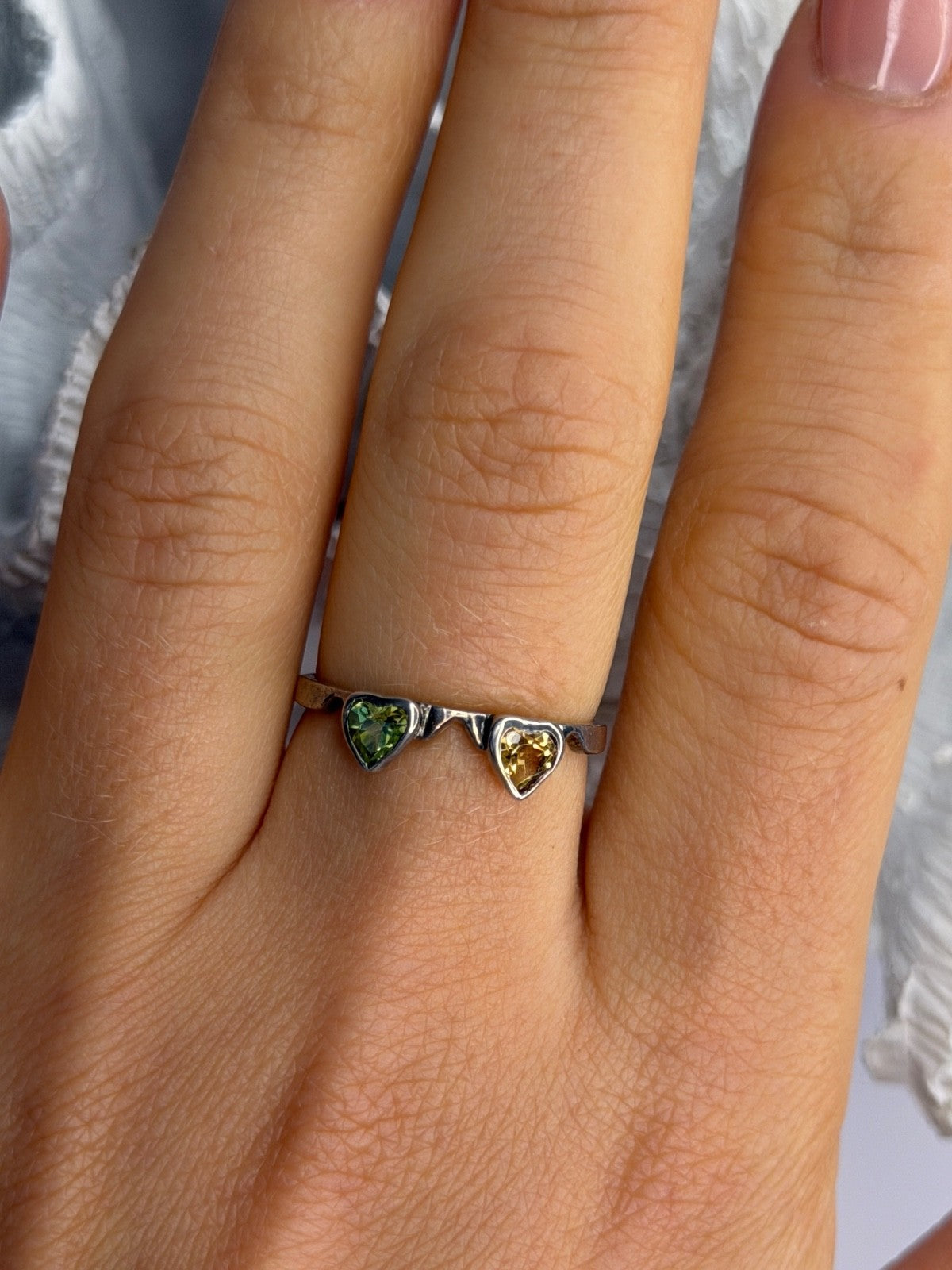 925 Sterling Silver Peridot & Citrine Heart Ring Size 8