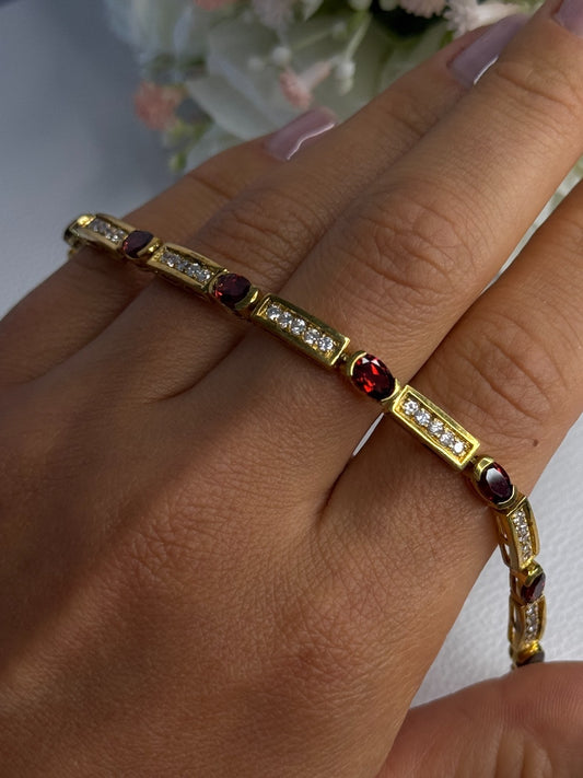 925 Sterling Silver Gold Plated Jjt Garnet & CZ Bracelet Length 7.5