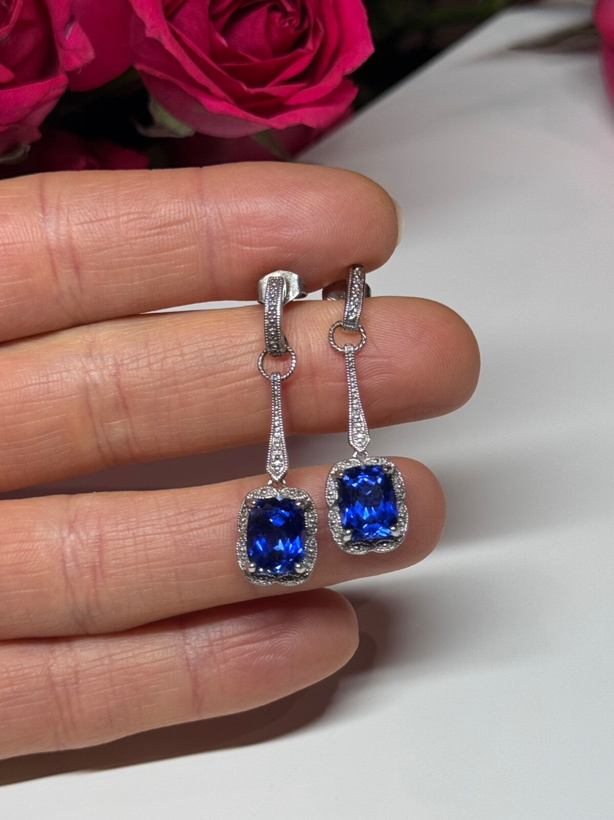 925 Sterling Silver Sapphire Earrings Length 1.5 Inch