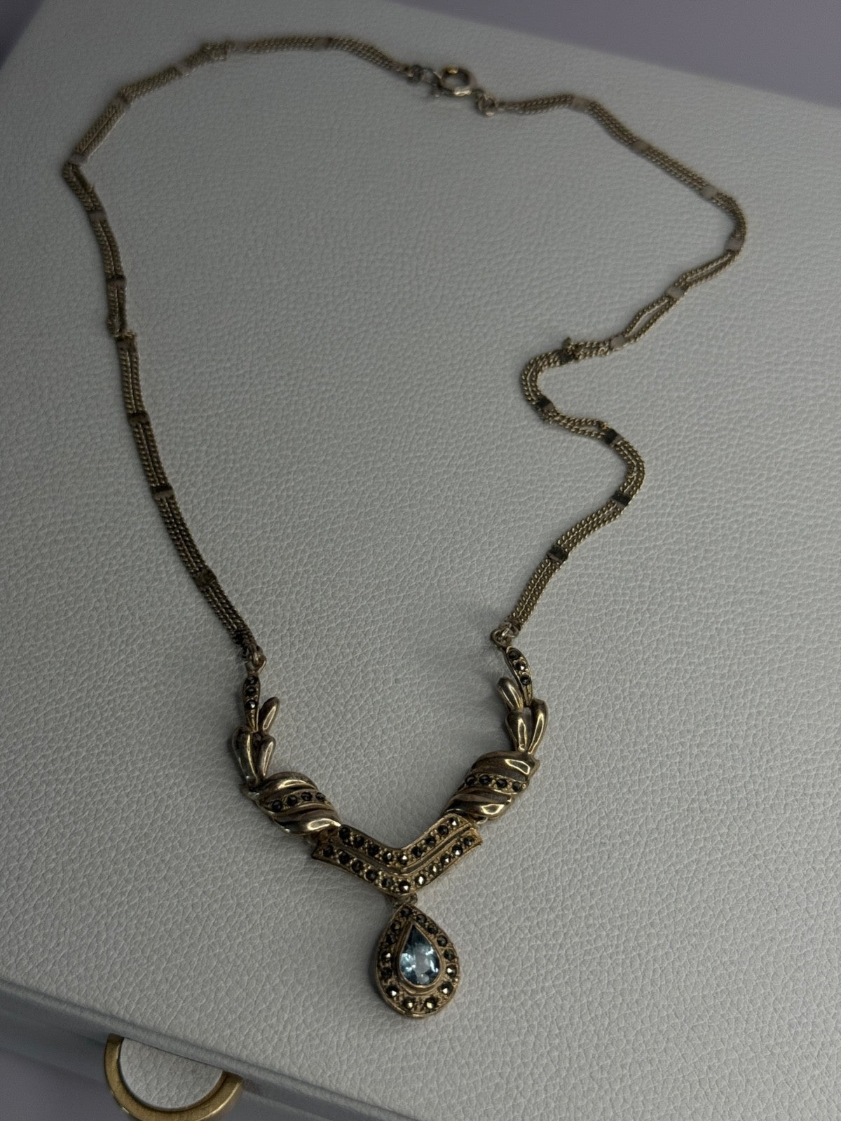 Elegant 925 Sterling Silver Blue Topaz & Marcasite Necklace