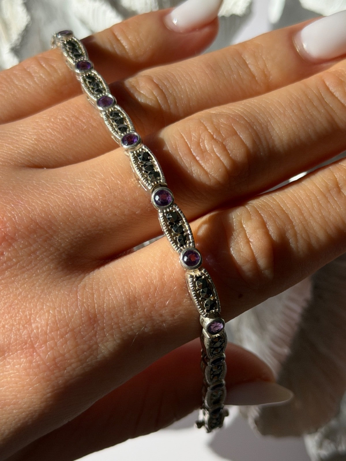 Vintage 925 Sterling Silver Amethyst & Marcasite Bracelet