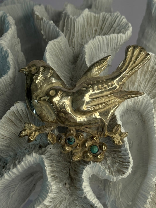 925 Sterling Silver Brooch Turquoise Birds Length 2.20 Inch