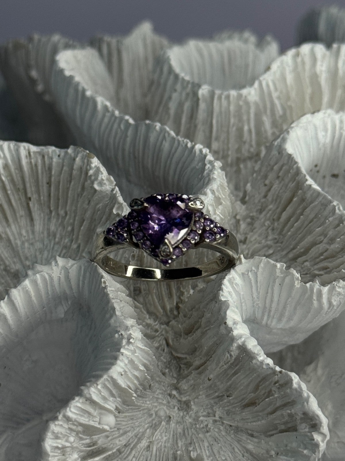 925 Sterling Silver Amethyst & Diamond Heart Ring Size 8.5