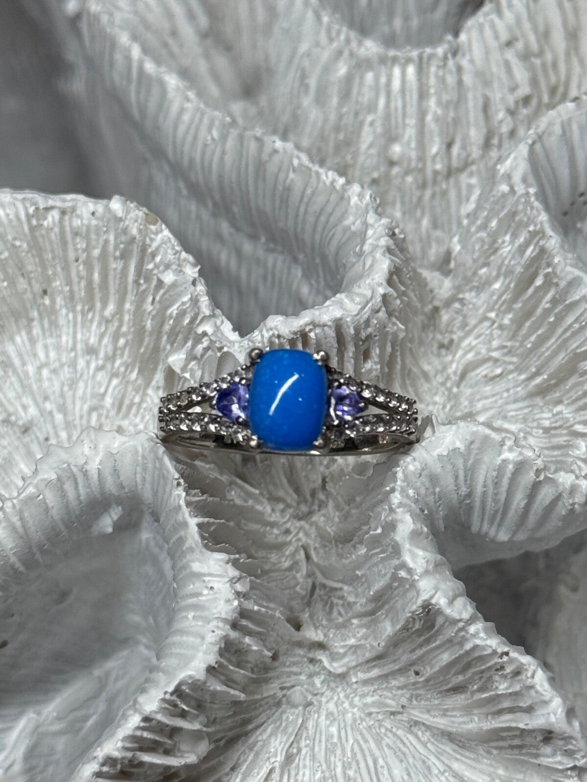 925 Sterling Silver Blue Agate, Tanzanite & Beryl Ring Size 7.5