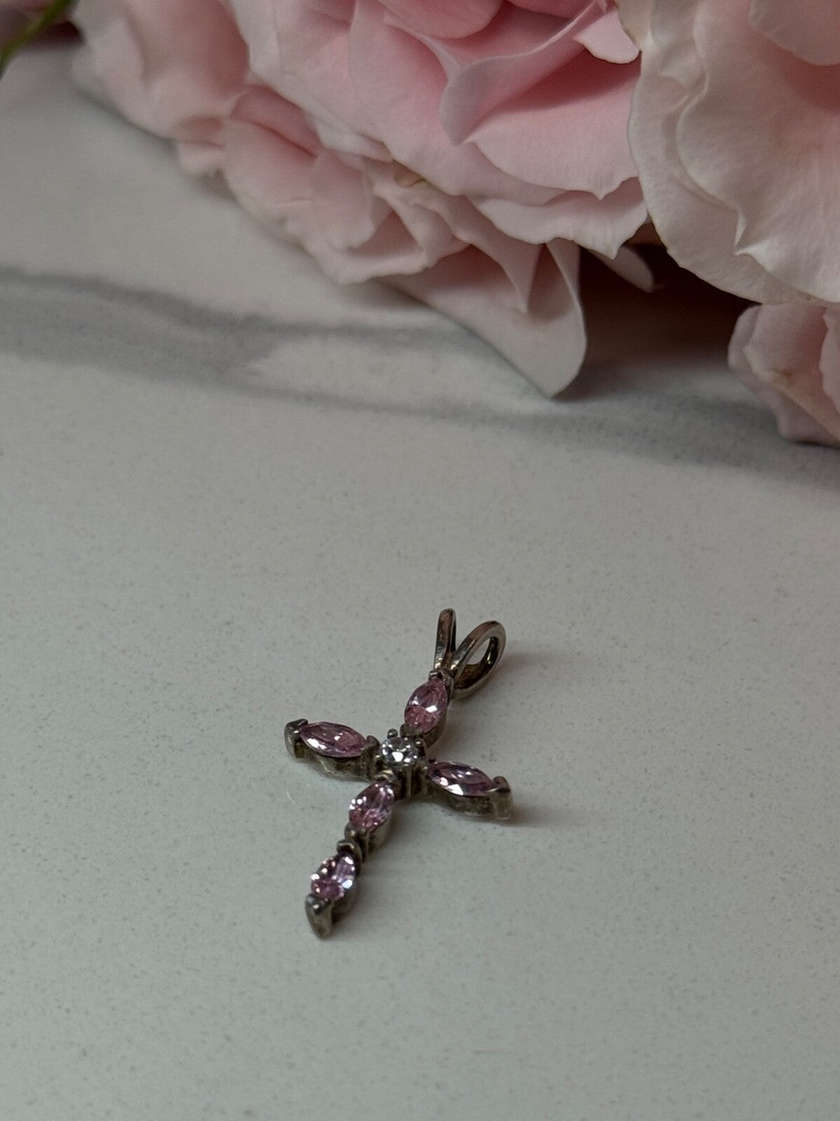 925 Sterling Silver Morganite & CZ Cross Length 1.1 In