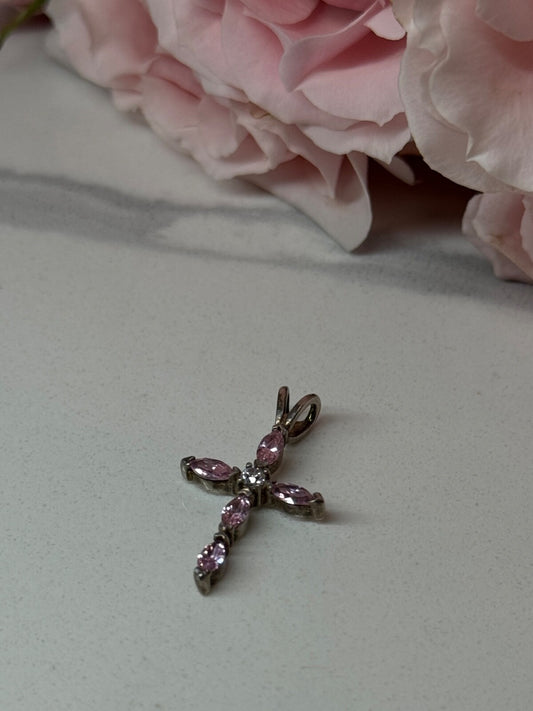925 Sterling Silver Morganite & CZ Cross Length 1.1 In