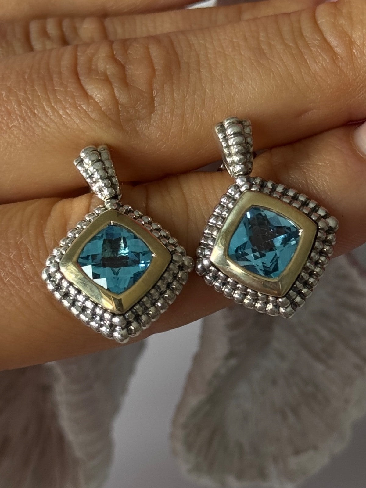 14K Yellow Gold & 925 Sterling Silver Blue Topaz Earrings