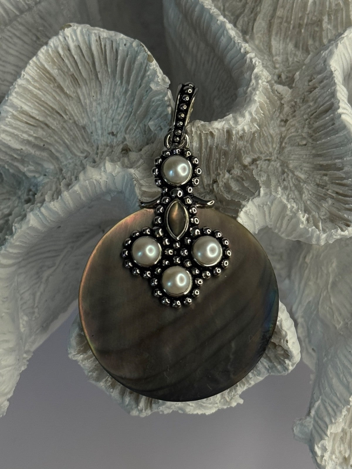 925 Sterling Silver Abalone & Pearl Pendant Length 2.30 Inch
