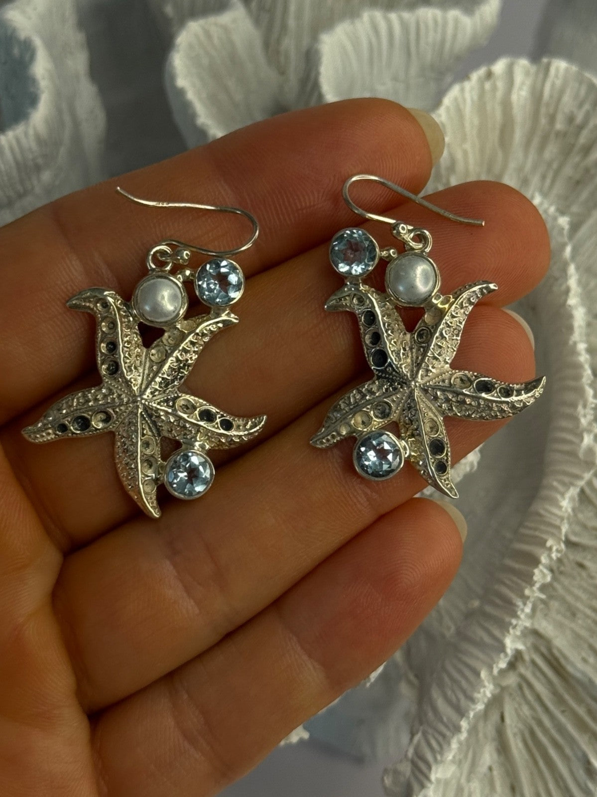 925 Sterling Silver See Star Blue Topaz & Pearl Earrings Length 1.70 Inch