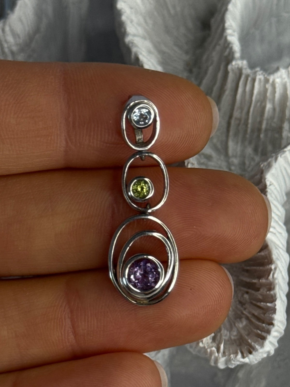 925 Sterling Silver Amethyst & Peridot & Topaz Pendant Length 1.30 Inch