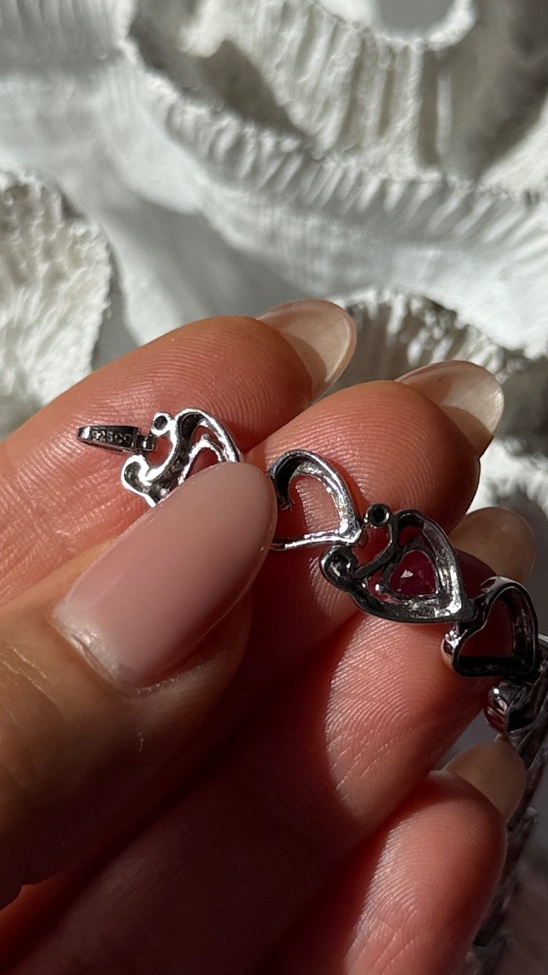 925 Sterling Silver Pink Sapphire Heart Bracelet Length 7.5