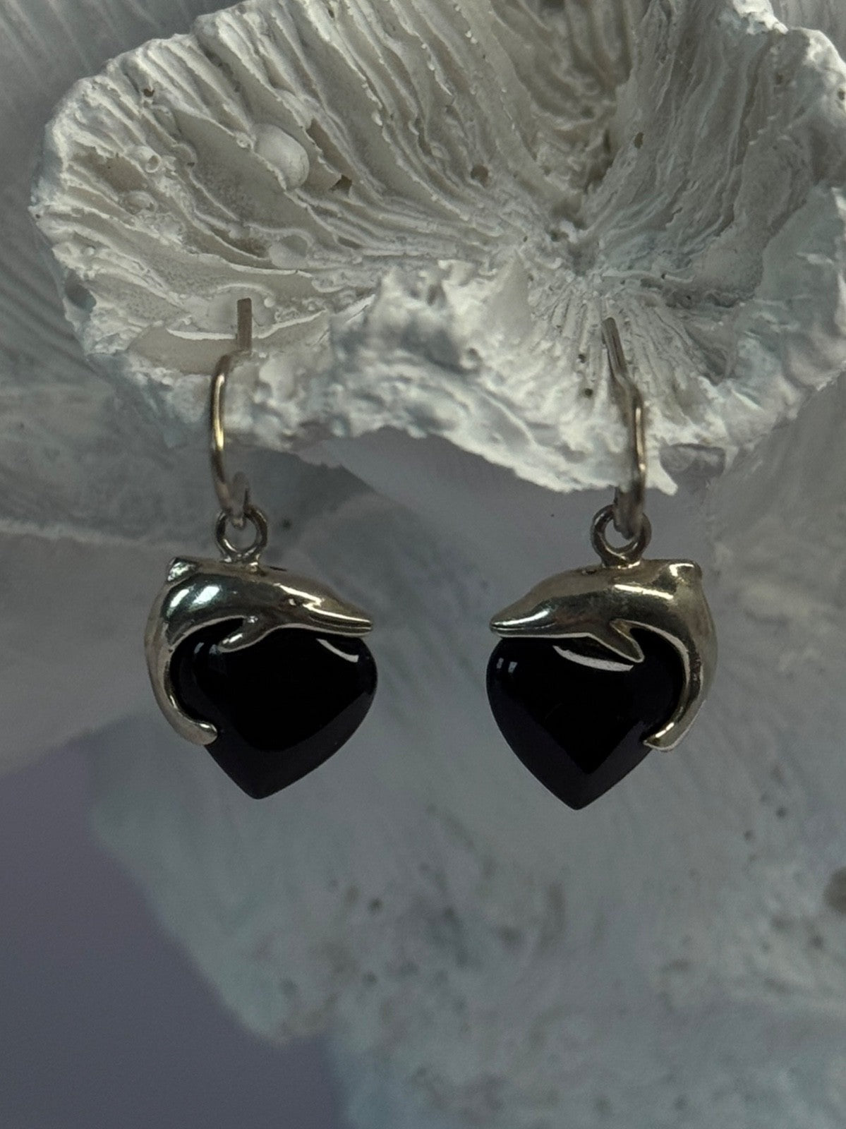 925 Sterling Silver Onyx Heart Dolphin Earrings Length 0.90 Inch