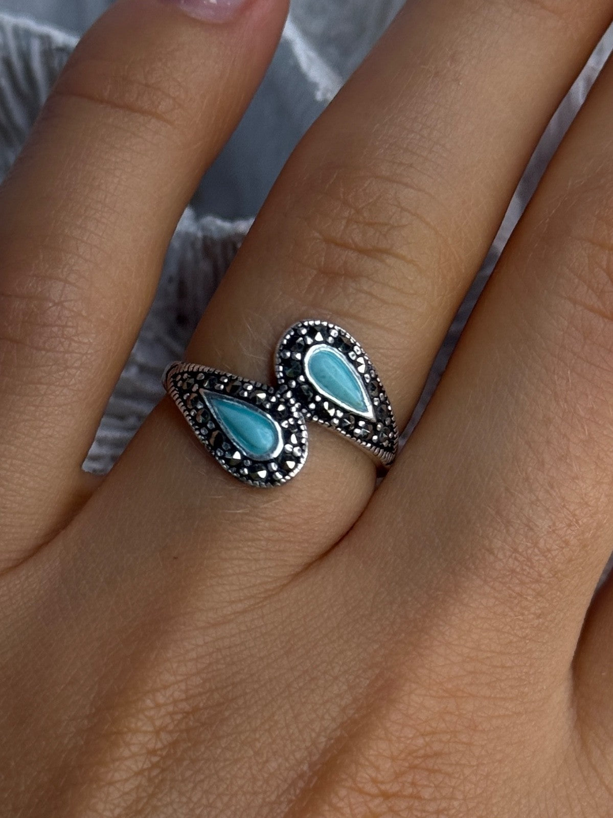 925 Sterling Silver Turquoise & Marcasite Ring Size 7