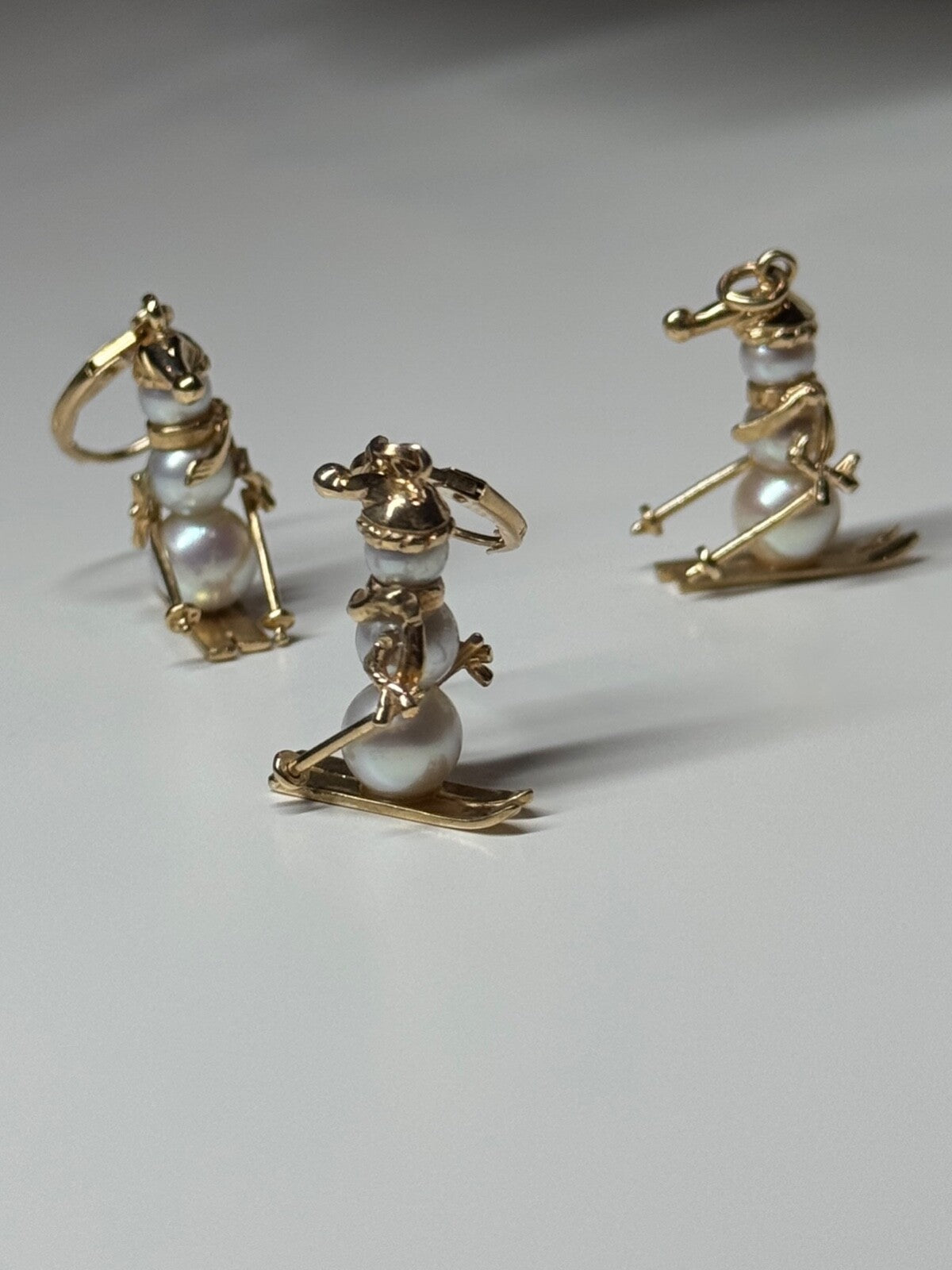 14K Yellow Gold Pearls Earrings & Pendant Skiing Snowmens ON Skis