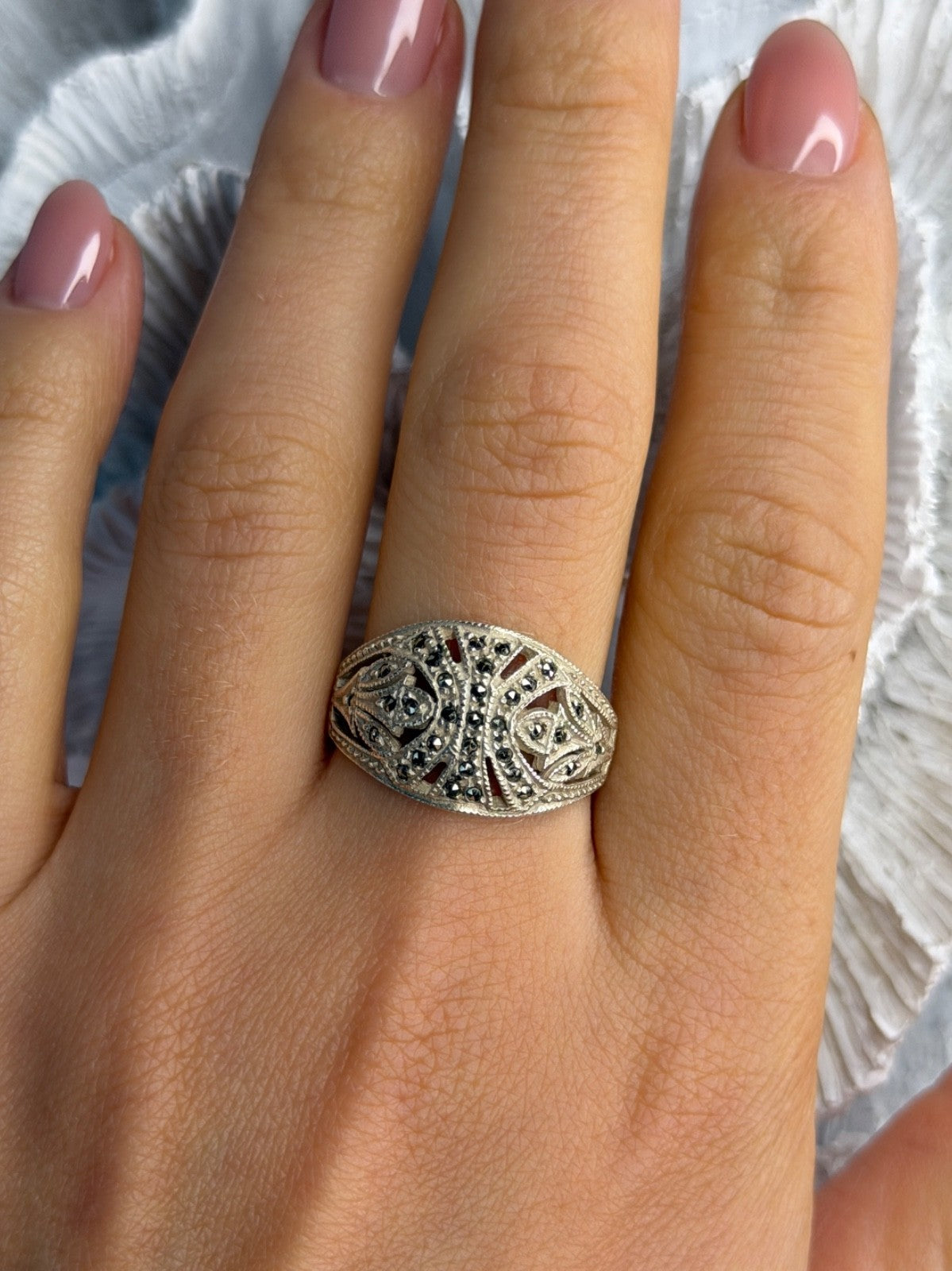 Vintage 925 Sterling Silver Marcasite Ring Size 10