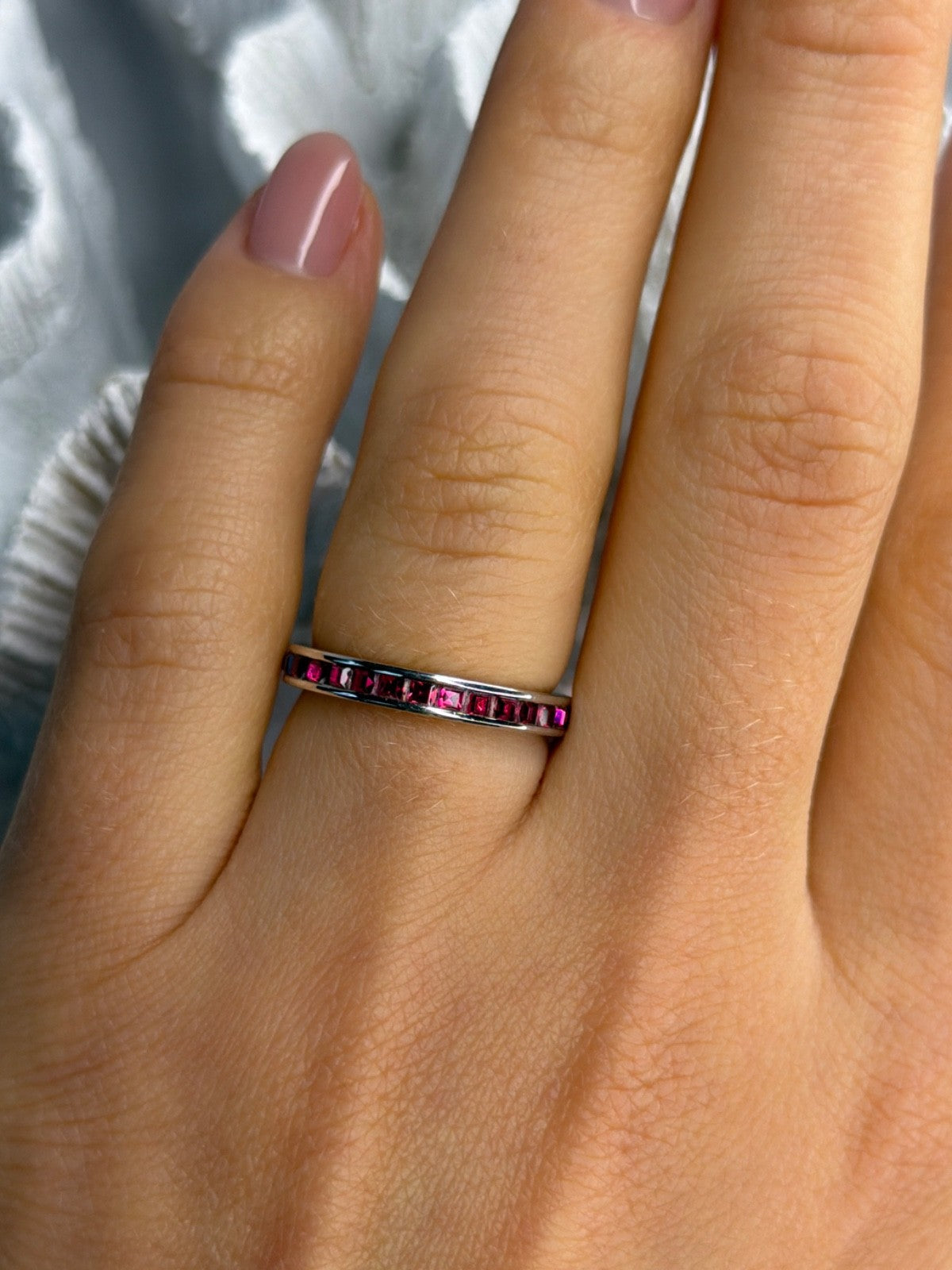 925 Sterling Silver Pink Spinel Band Ring Size 6