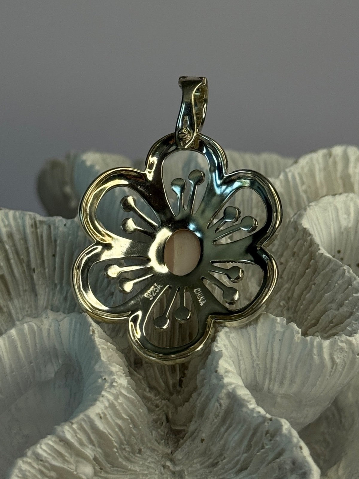 925 Sterling Silver Pink Agate & Marcasite Flower Pendant Length 1.75 Inch