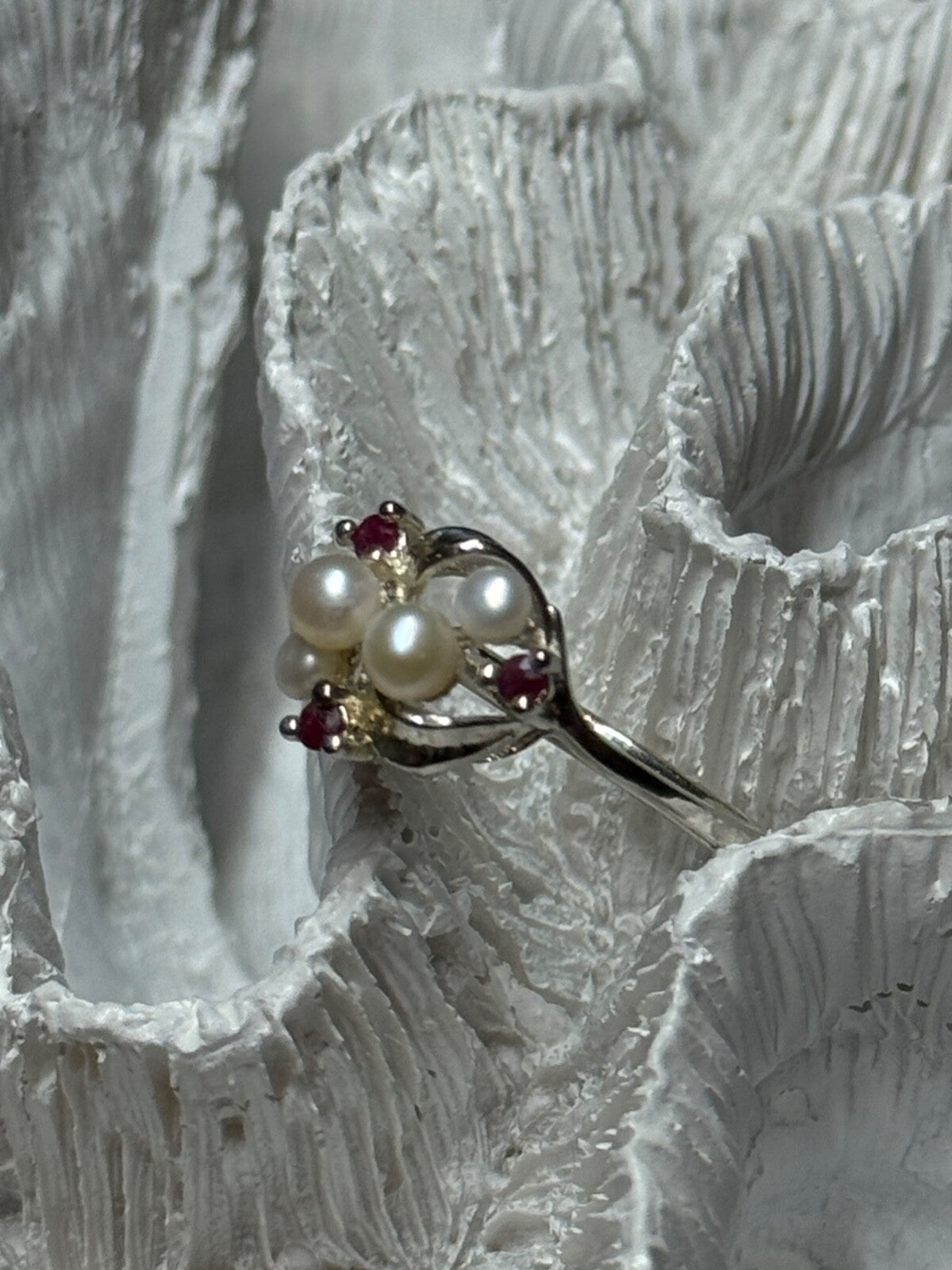 925 Sterling Silver Pearls & Ruby Ring Size 8