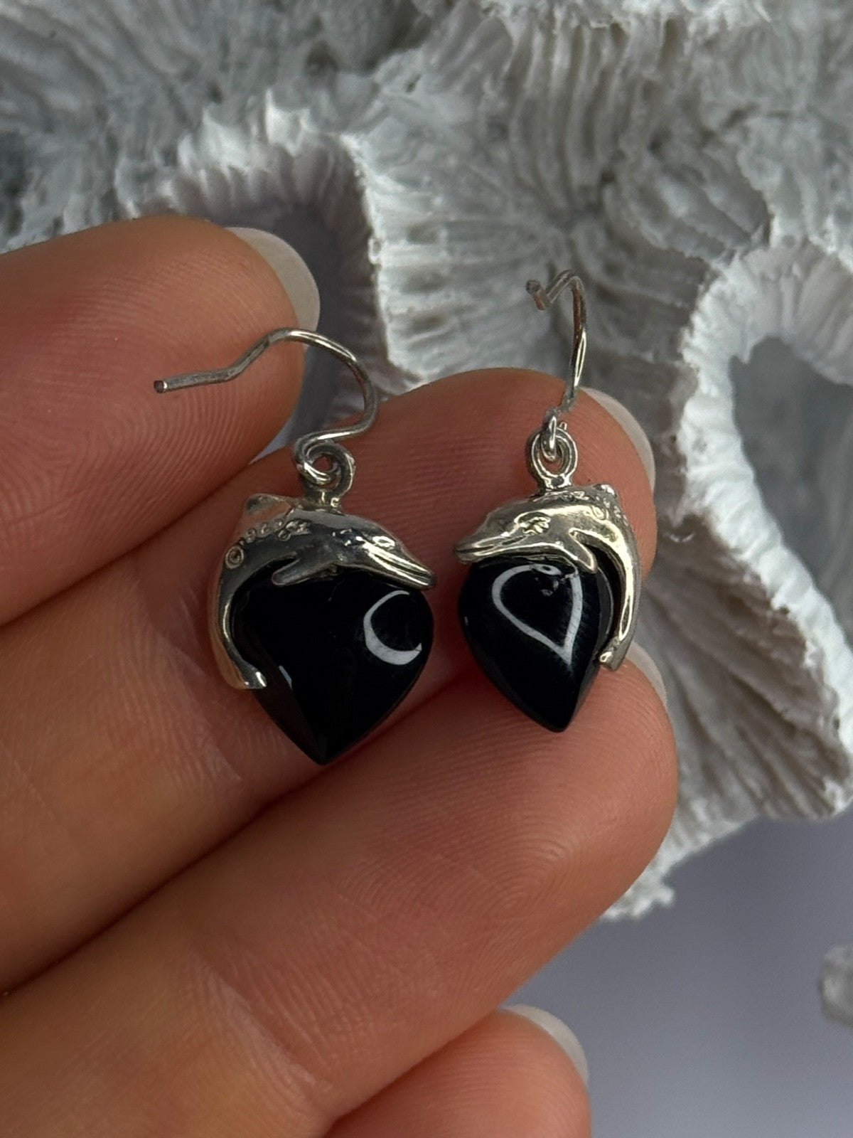 925 Sterling Silver Onyx Heart Dolphin Earrings Length 0.90 Inch