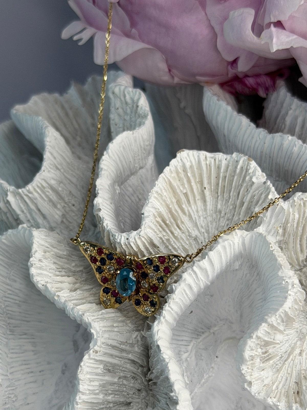 14K Yellow Gold Topaz Ruby Sapphire Diamond Necklace Butterfly