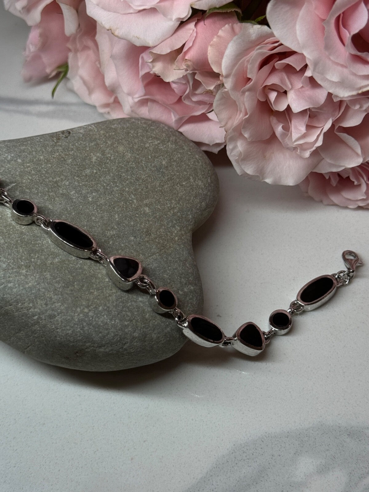925 Sterling Silver Black Enamel Bracelet Length 7.5 in