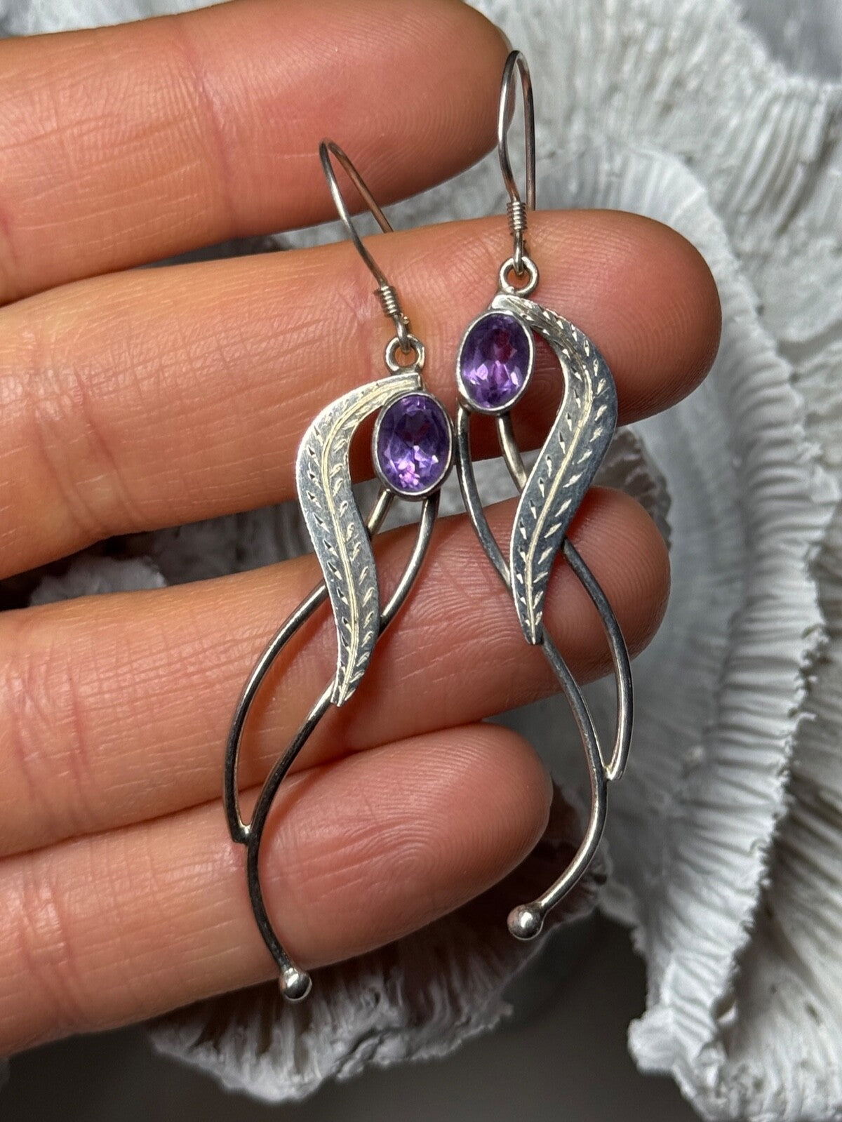 925 Sterling Silver Amethyst Earrings Length 2.6 Inch