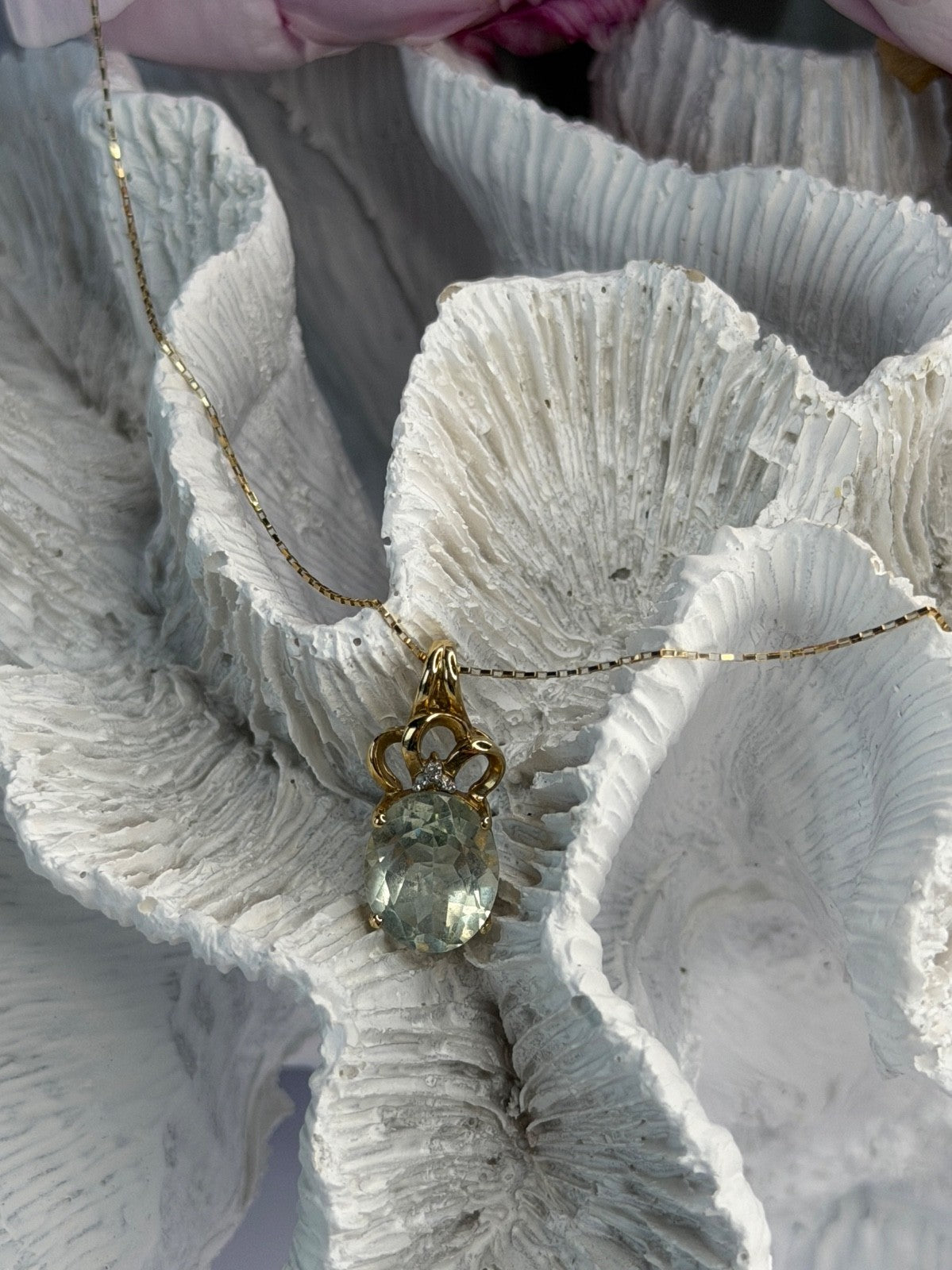 10K Yellow Gold Prasiolite & Diamond Necklace Length 18 Inch