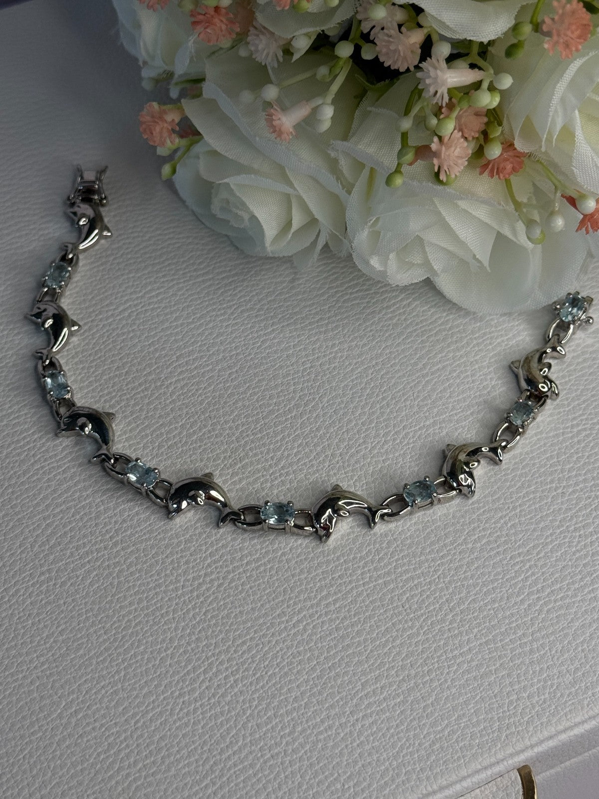 925 Sterling Silver Topaz Dolphin Bracelet Length 7.5