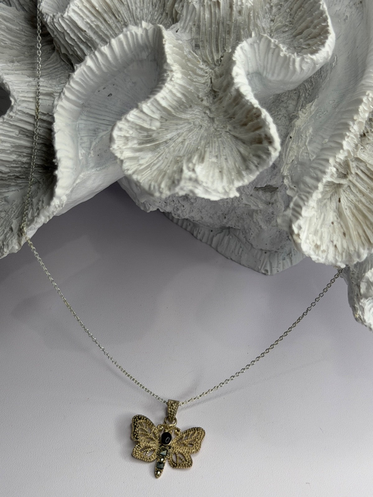 925 Sterling Silver Onyx & Marcasite Butterfly Necklace