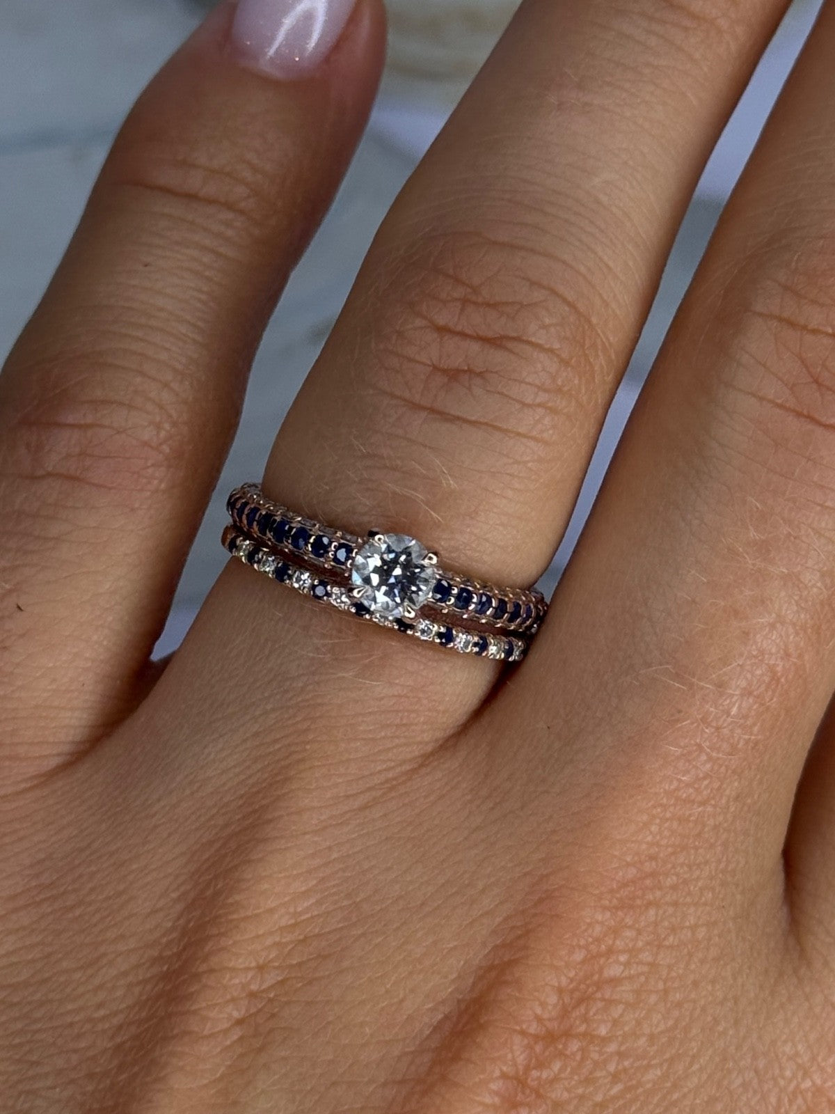 14K Rose Gold Sapphire & Diamond Set of Rings Size 7