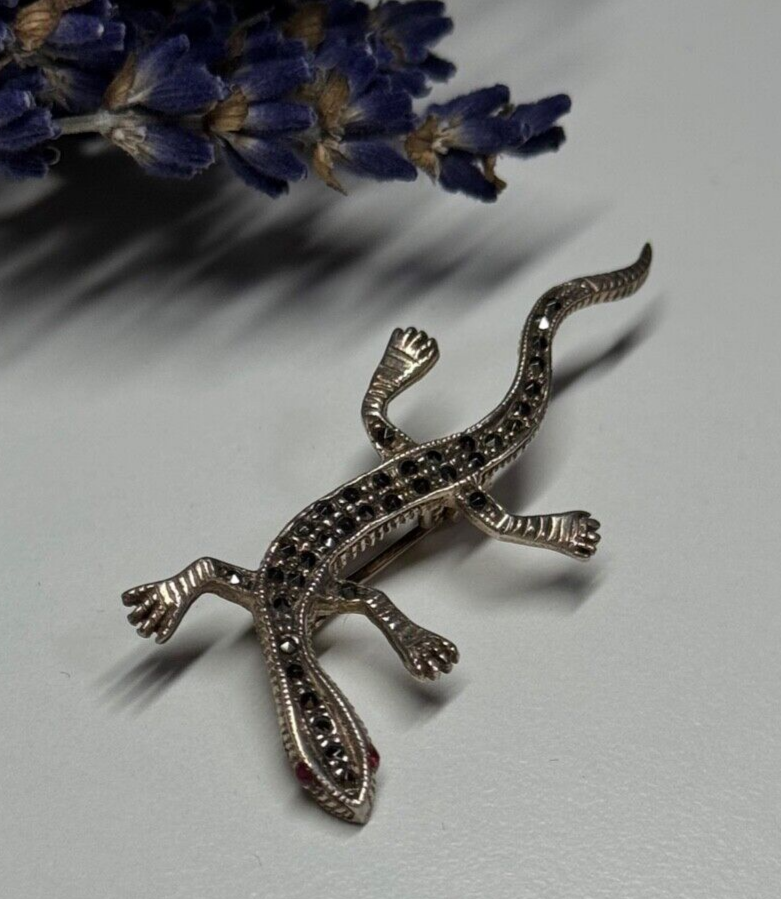 925 Sterling Silver Ruby & Marcasite Lizard Brooch