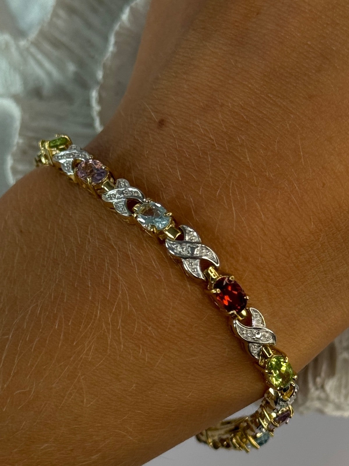 925 Sterling Silver Gold Plated Multi Color Gemstones Bracelet Length 7.5