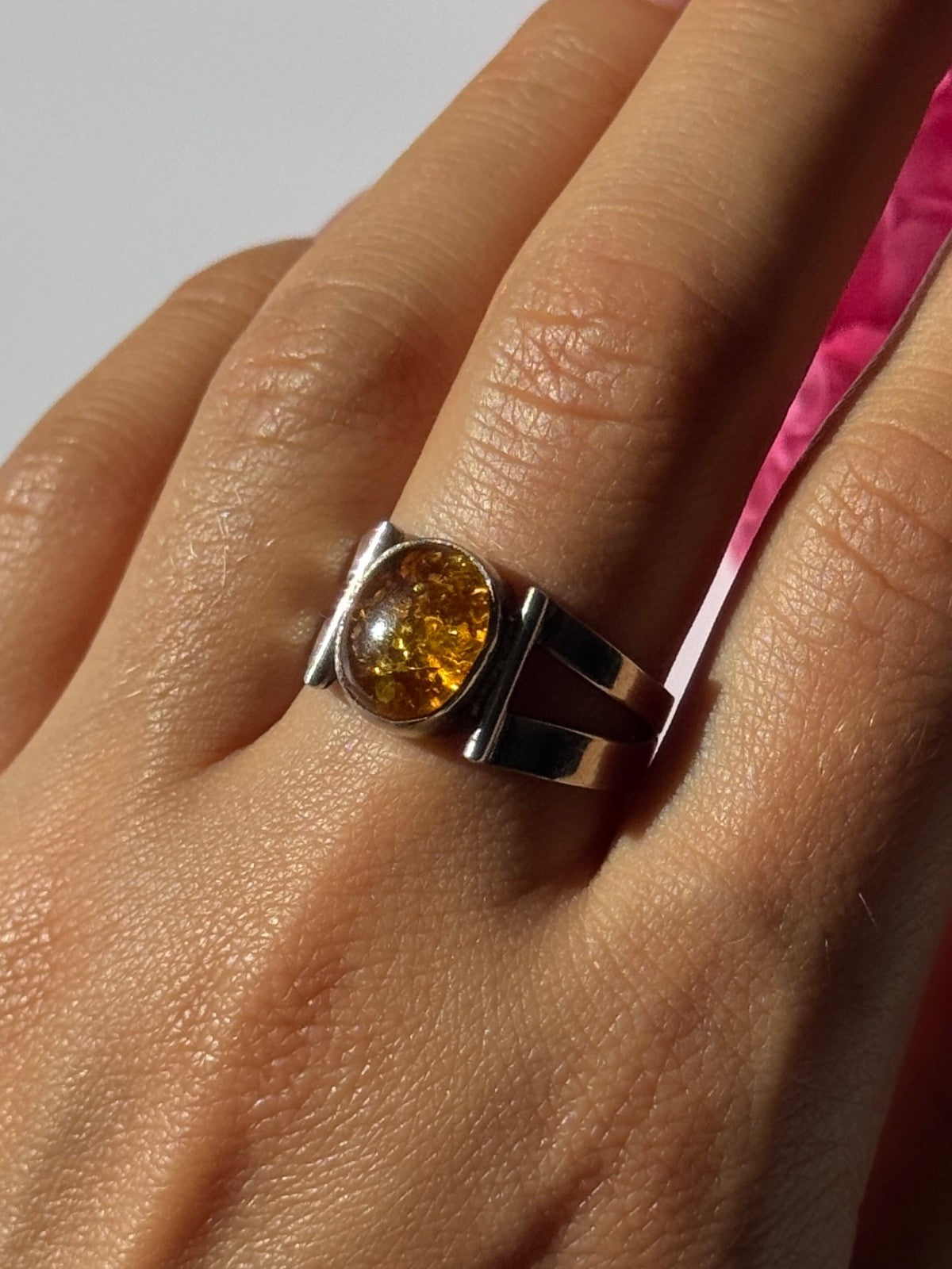 925 Sterling Silver Amber Ring Size 9.5