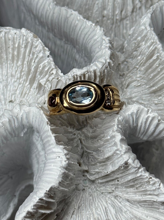 925 Sterling Silver Gold Plated Aquamarine, Garnet & CZ Ring Size 4