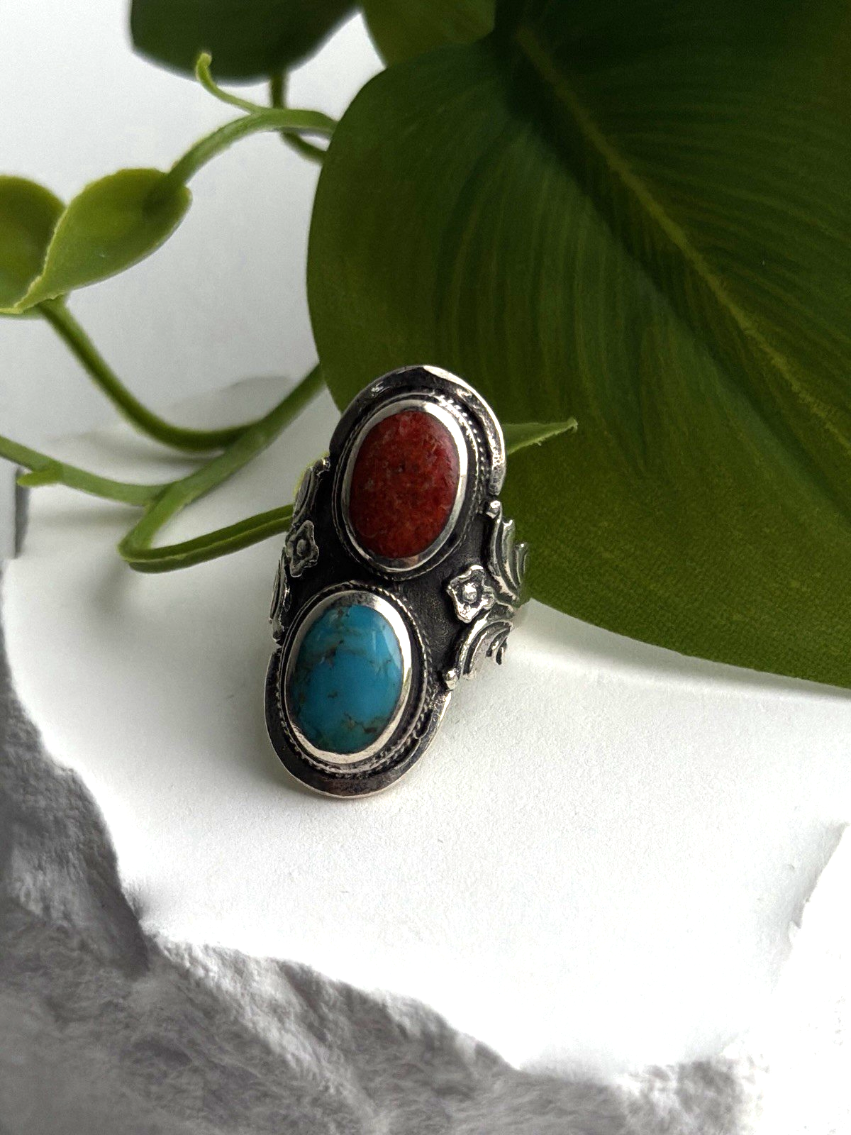 Vintage Boho 925 Sterling Silver Coral & Turquoise Ring Size 5