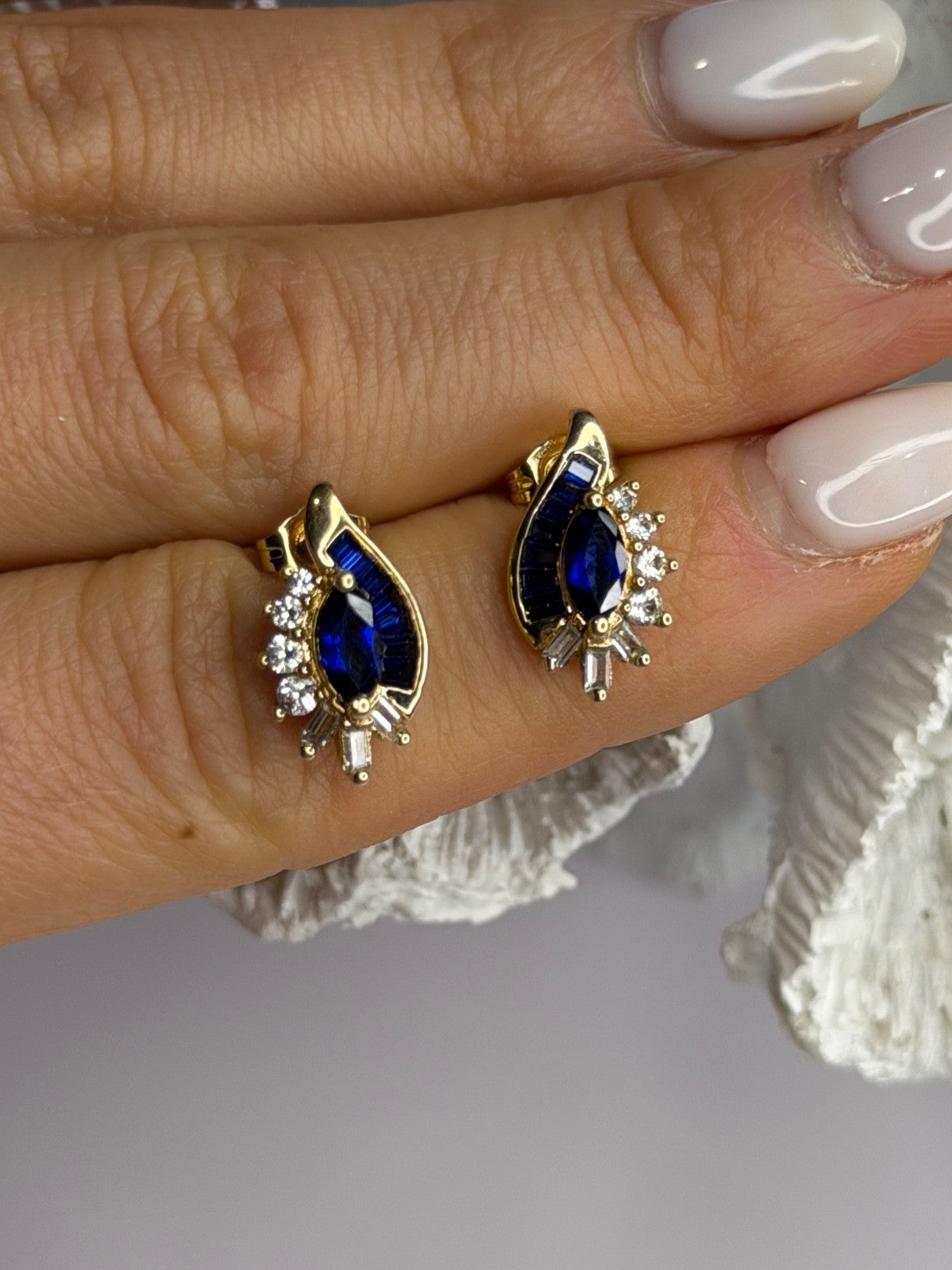 925 Sterling Silver Gold Plated Blue & White Sapphire Earrings