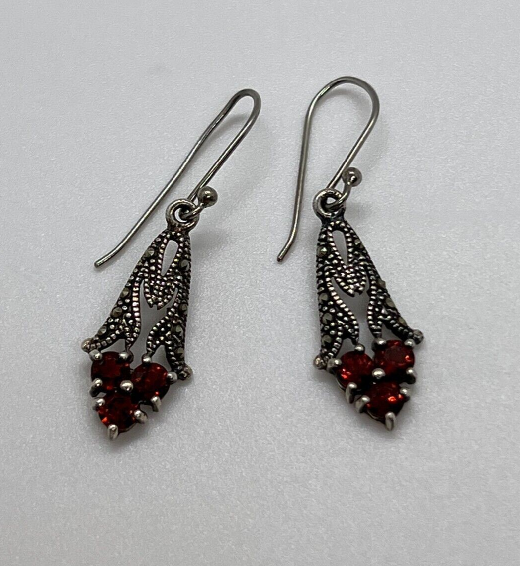 925 STERLING SILVER GARNET & MARCASITE EARRINGS