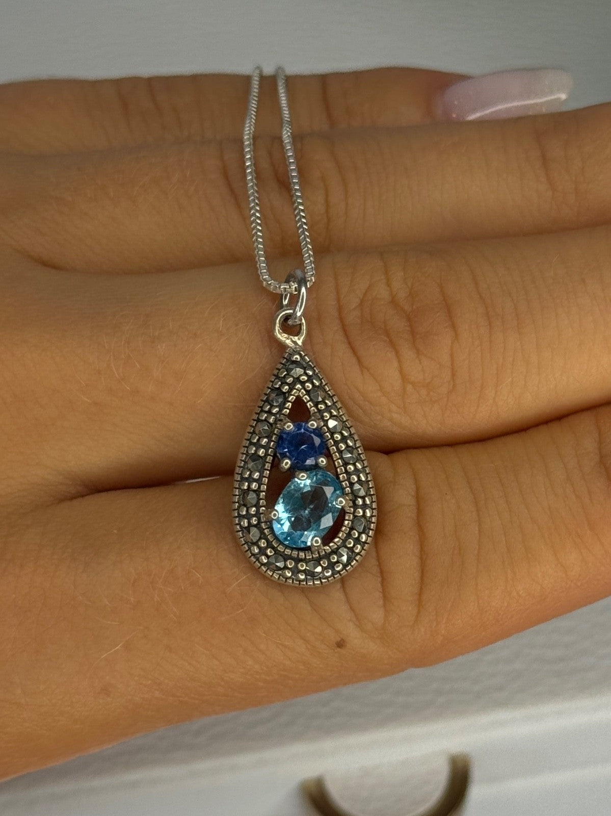 925 Sterling Silver Topaz, Sapphire & Marcasite Necklace Length 15.5 Inch