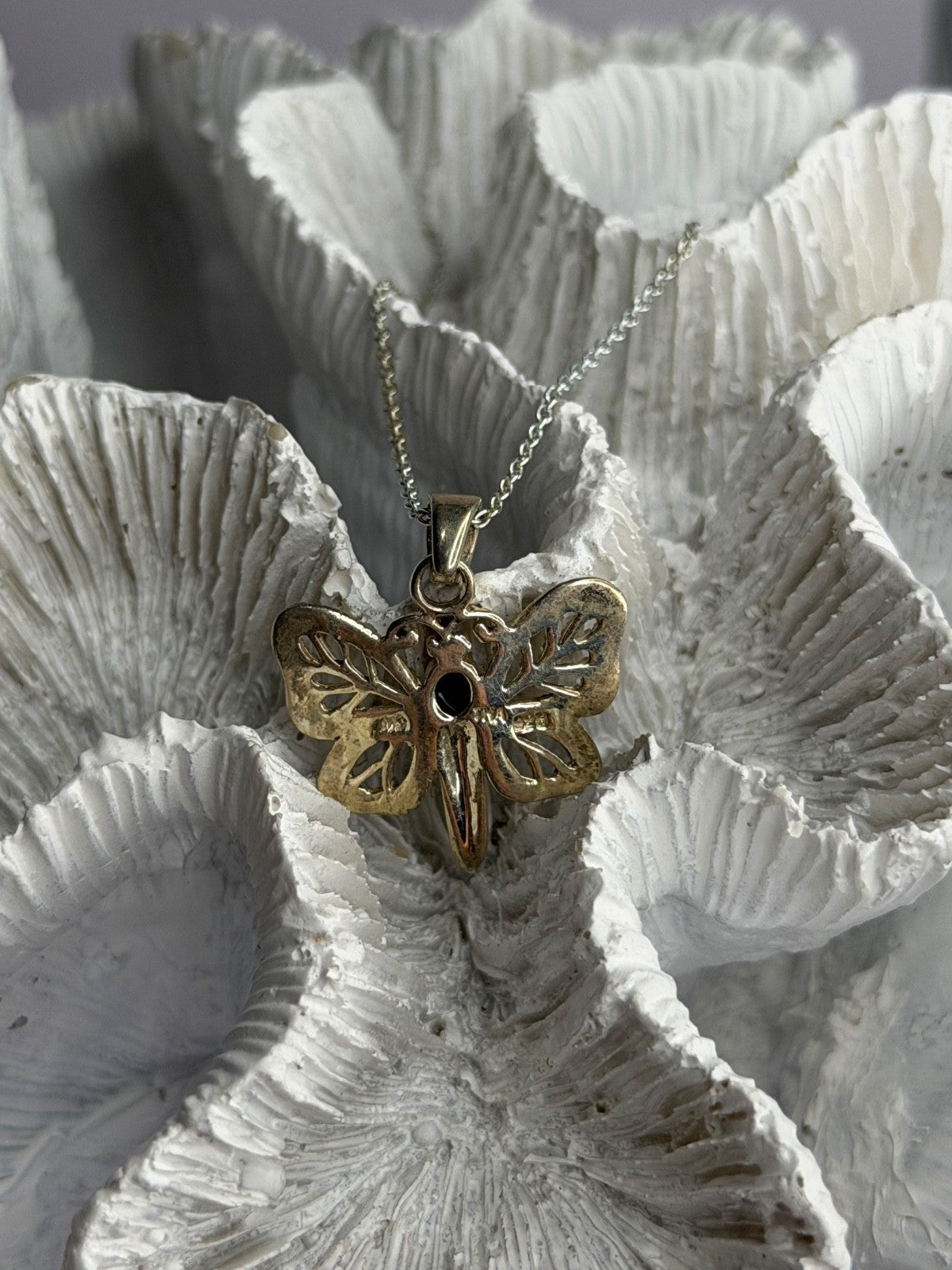 925 Sterling Silver Onyx & Marcasite Butterfly Necklace