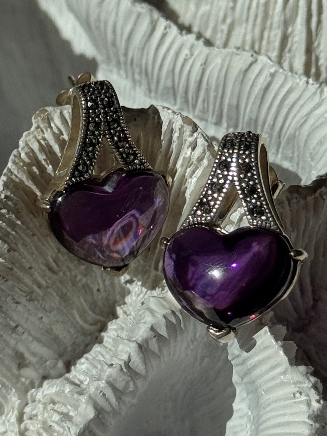 925 Sterling Silver Amethyst Heart & Marcasite Earrings Length 0.90 Inch