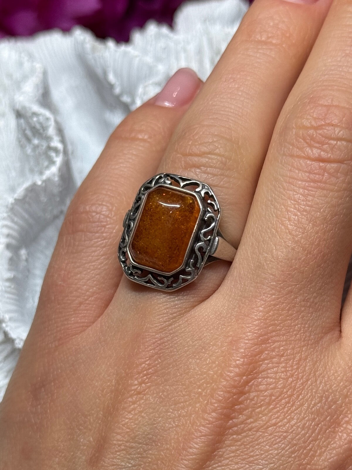 925 Sterling Silver Amber Ring Size 5