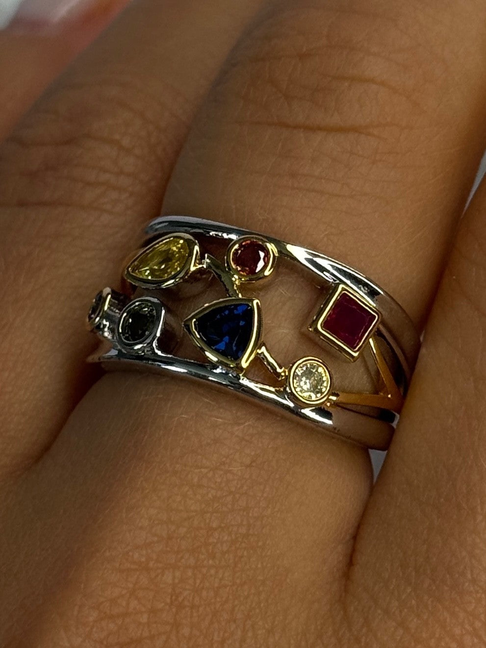 925 Sterling Silver Gold Plated Part Multi Color Gemstones Ring Size 8