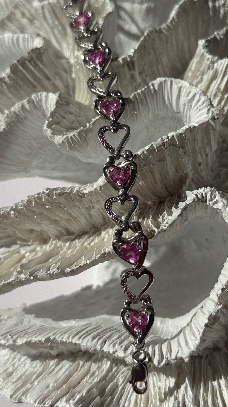 925 Sterling Silver Pink Sapphire Heart Bracelet Length 7.5