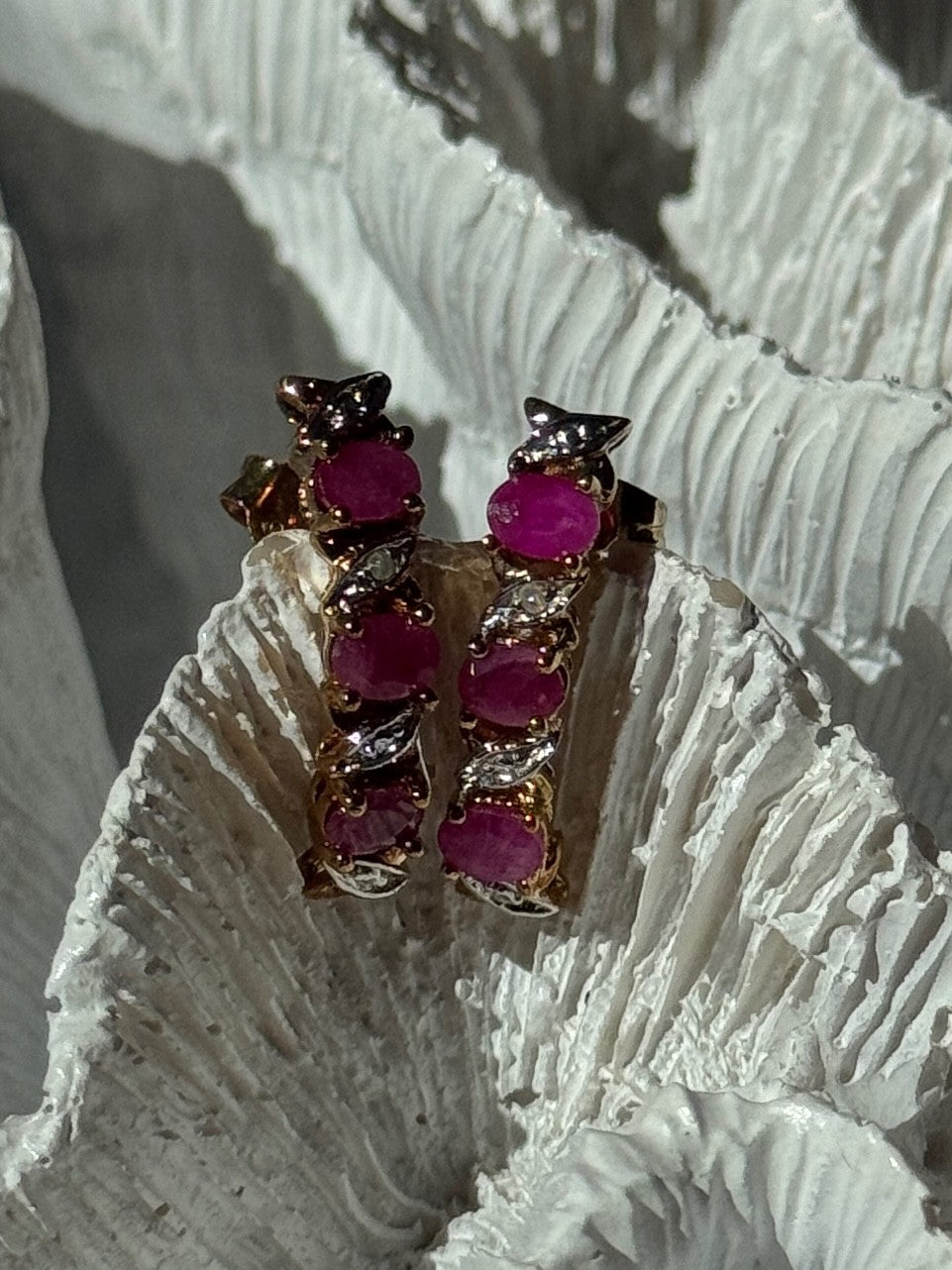 925 Sterling Silver Gold Plated Ruby & Diamond Earrings Length 0.77 Inch