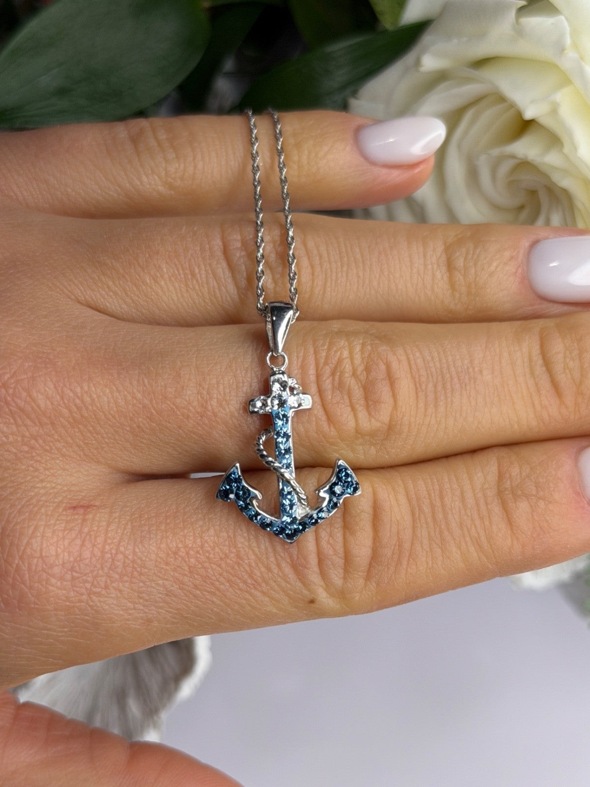 925 Sterling Silver Anchor Cz Necklace Length 19 in