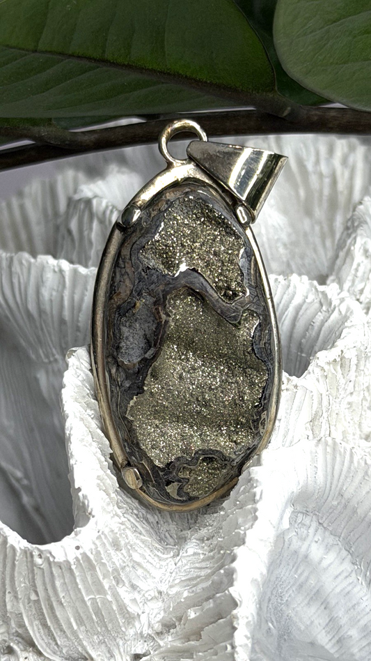 Vintage 925 Sterling Silver Pyritized Ammonite Pendant