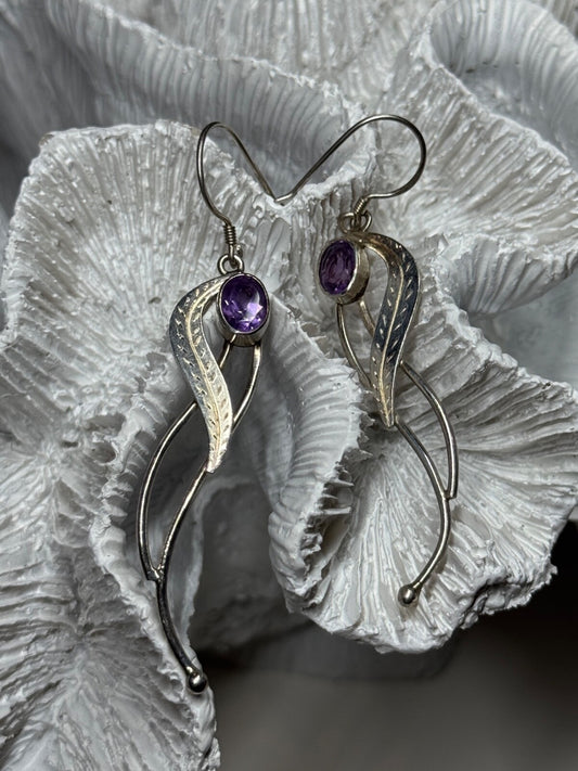 925 Sterling Silver Amethyst Earrings Length 2.6 Inch