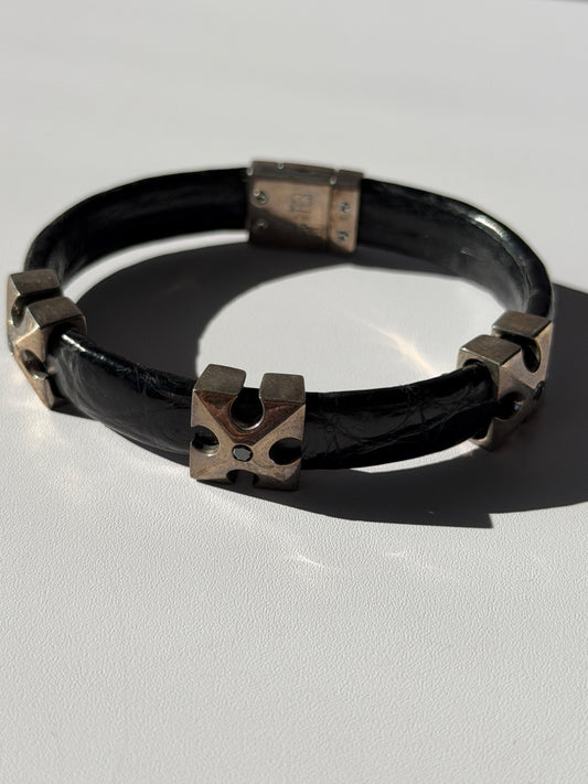 Pat Pend Leather & 925 Sterling Silver Black Agate Bracelet