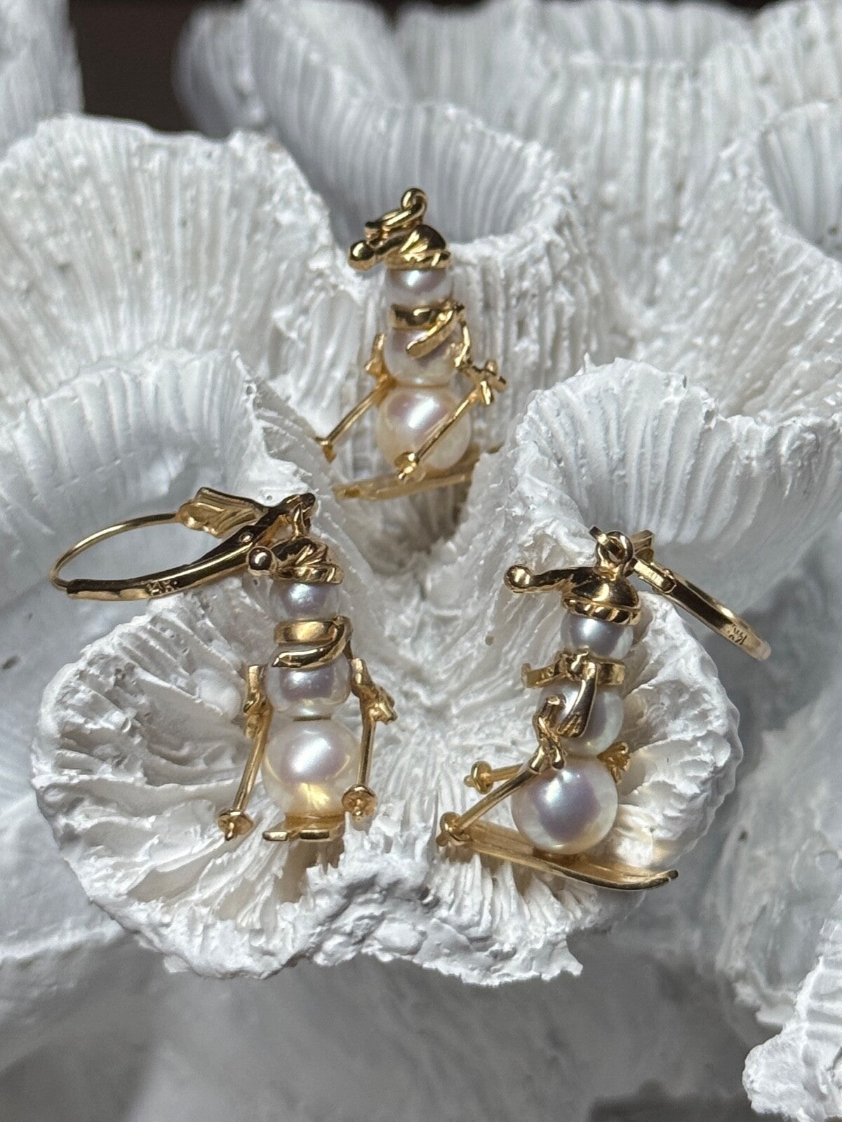 14K Yellow Gold Pearls Earrings & Pendant Skiing Snowmens ON Skis