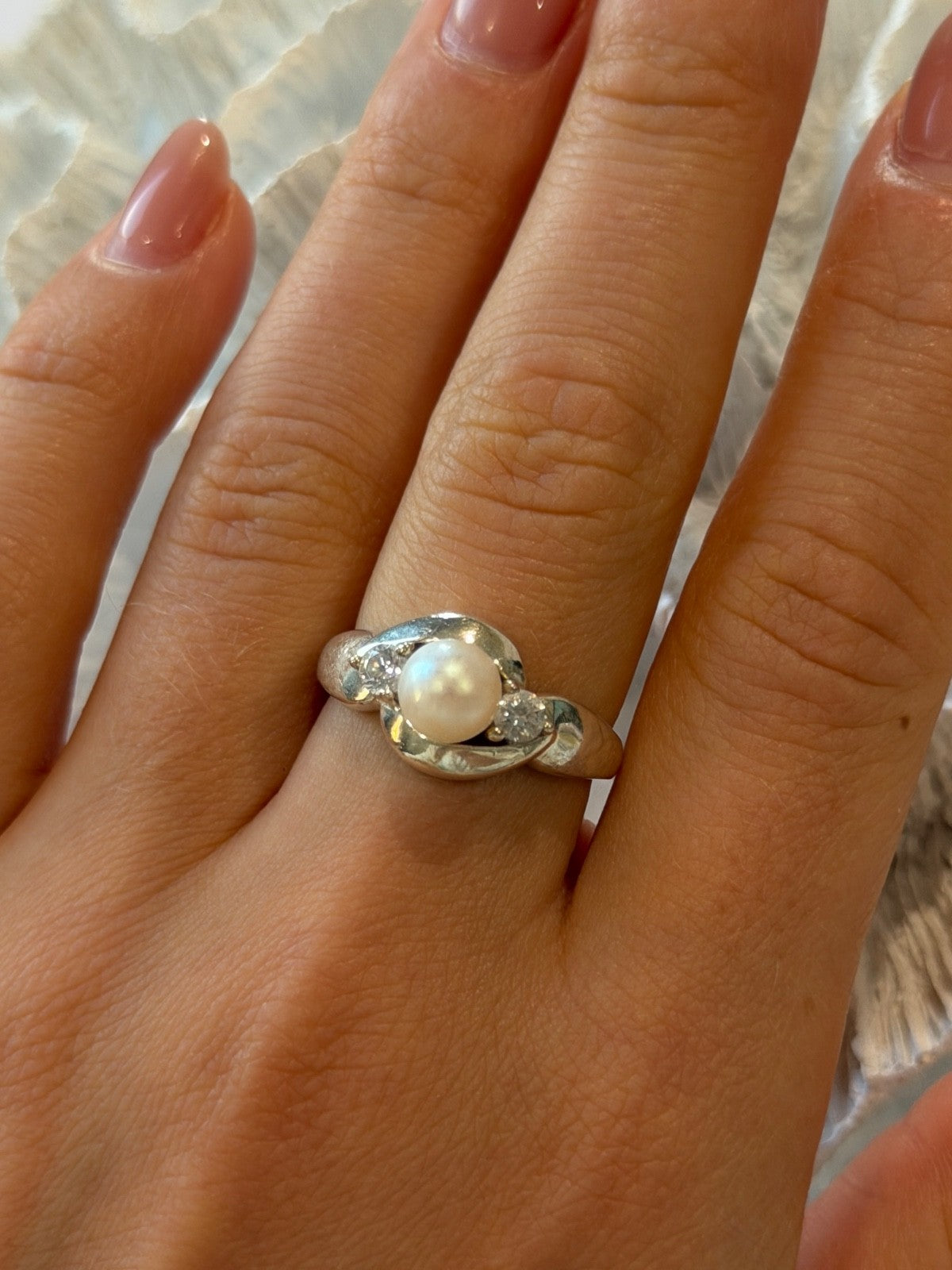 925 Sterling Silver Pearl & Cz Ring Size 8.5
